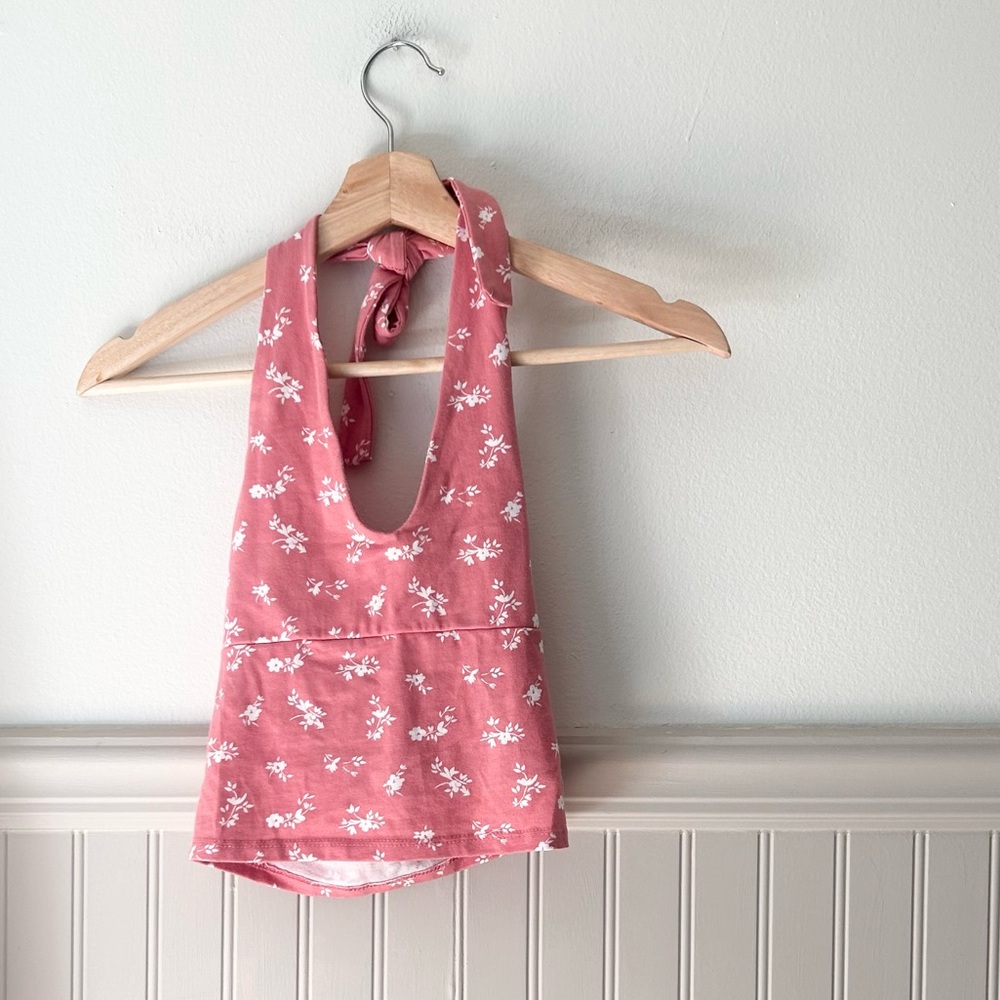 Hollister XS Halter Pink White Floral Halter Tied Tank Top